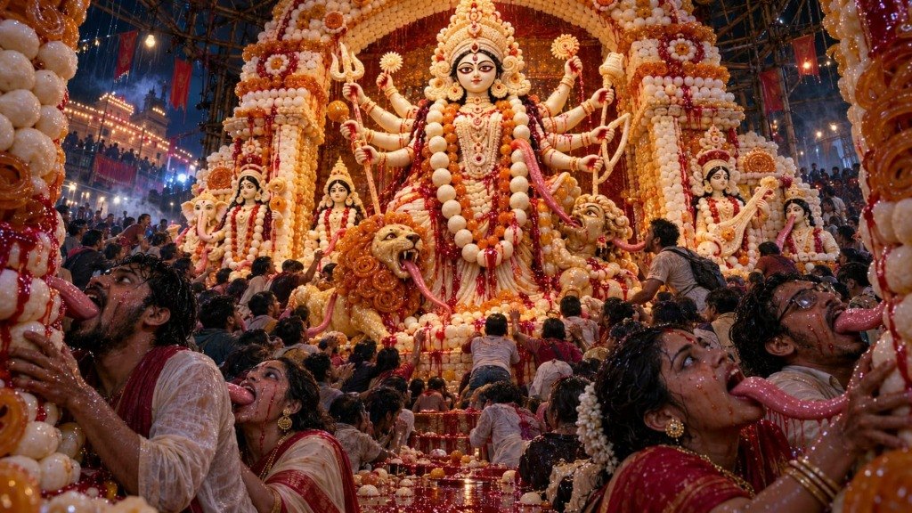Devotees with elongated tongues crowd beneath a grand Durga Puja idol made of sweets, frantically licking red syrup and prasad from the altar.