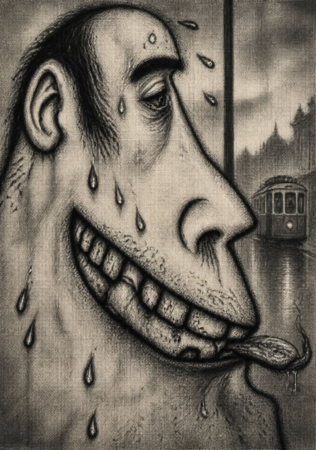 Monochrome charcoal caricature of a sweating, grinning bald man beside a rain-streaked Calcutta window and blurred tram
