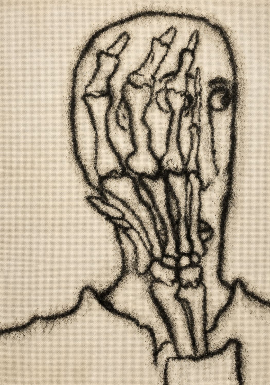 Monochrome charcoal drawing of a bowed anatomical figure resting its face in one hand on woven canvas