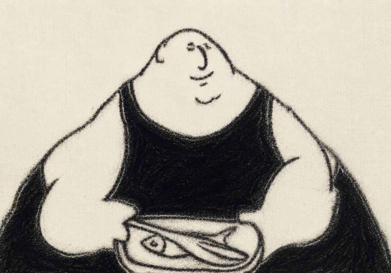 Monochrome charcoal drawing of a smiling heavyset man in a dark vest holding a plate with a fish on textured paper