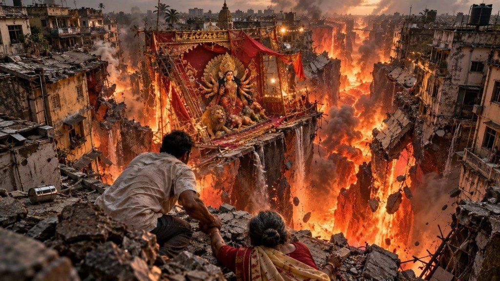 On a rubble-strewn Calcutta rooftop beside a fallen steel tiffin carrier, a man in a soiled white shirt kneels at a crumbling ledge and grips the wrist of an older woman in a red blouse and cream sari, looking across a vast chasm of molten lava and smoke toward a red-draped Durga Puja pandal and idol of Goddess Durga teetering on a sheared concrete cliff.