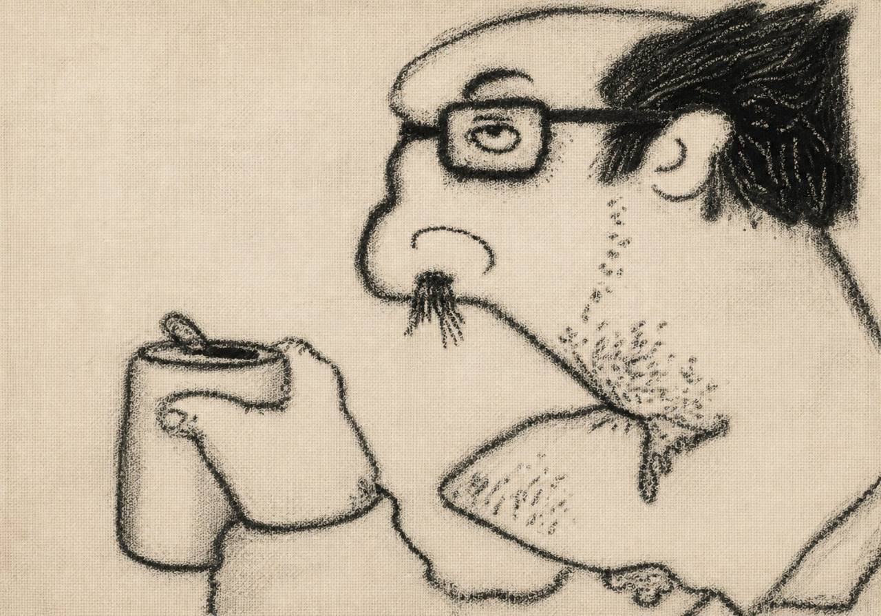 Monochrome charcoal profile of a balding man in glasses holding a cup close to his face on textured cloth