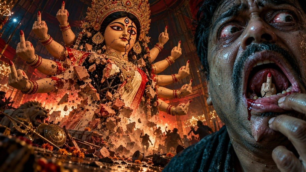 Inside a smoke- and fire-filled Durga Puja pandal, a cracked clay idol of Goddess Durga explodes into brown clay fragments while extending all ten red-nailed middle fingers above her fallen trident, shield, and roaring lion; on the right in close-up, a sweating, bloodshot-eyed artisan pulls down his bleeding lower lip to reveal a tiny cracked clay hand rising from beneath his tongue with its middle finger raised.
