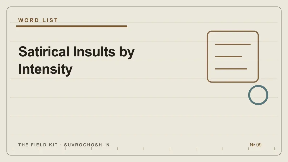A theatrical intensity gauge beside handwritten satirical phrases, raised eyebrows and comic stage curtains