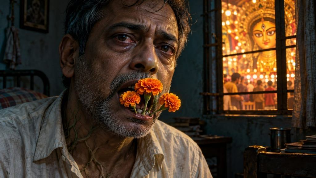 A weathered man with tired eyes sits in a dim room with roots under the skin of his neck as three bright orange marigolds sprout from his open mouth, while an illuminated Durga idol shines outside the window.