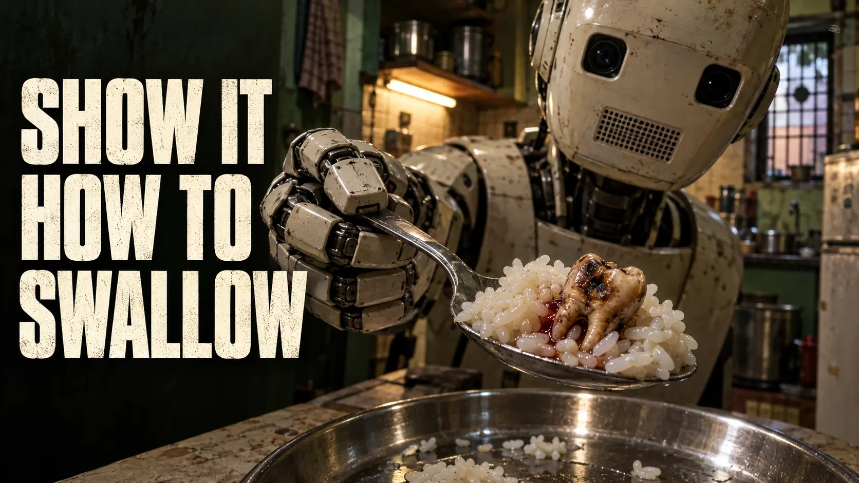 A household robot offers a spoonful of rice containing a decayed tooth in a dim kitchen, beside the words “Show It How to Swallow.”
