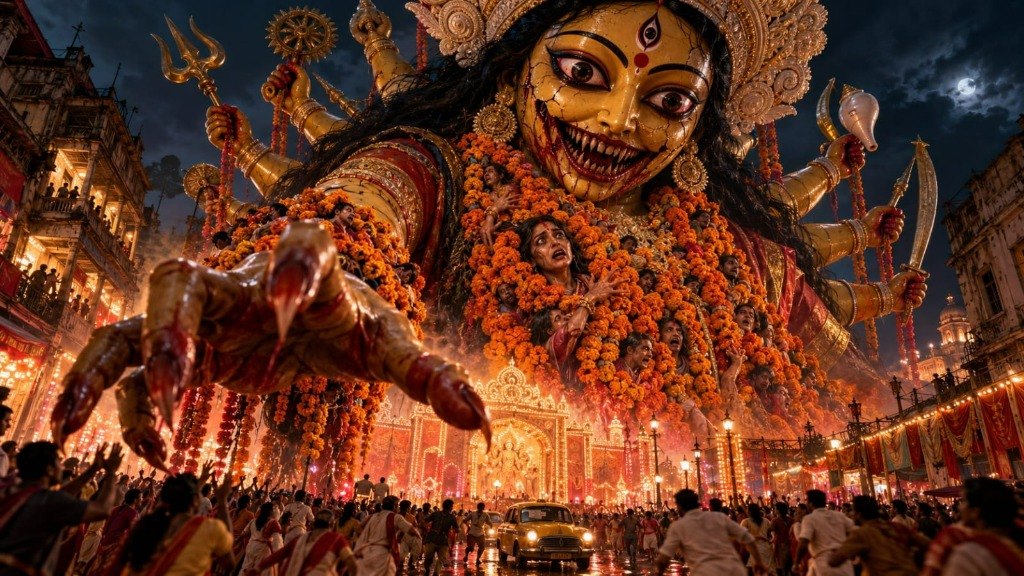 A colossal cracked clay idol of Goddess Durga with bloodshot eyes and a fanged, blood-stained grin reaches a giant clawed hand toward a fleeing crowd and yellow taxi on an illuminated Calcutta street at night, while terrified people are woven into the thick marigold garlands across her chest.