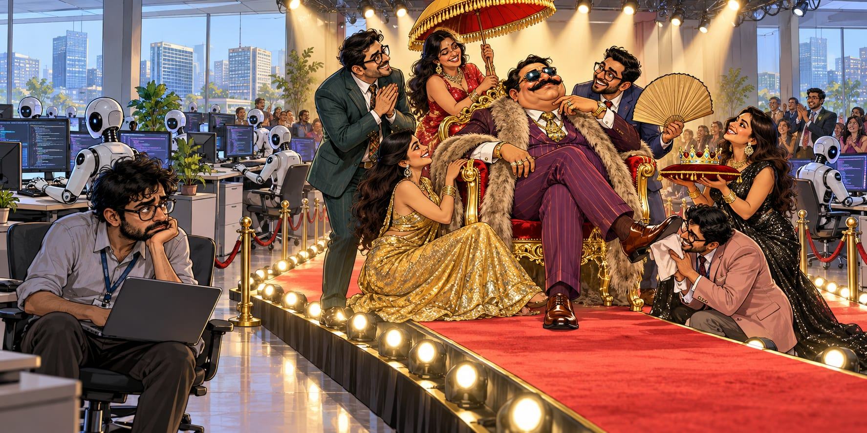 An office becomes a fashion runway as employees flatter a smug boss, computers do the coding, and a tired engineer watches from the sidelines.