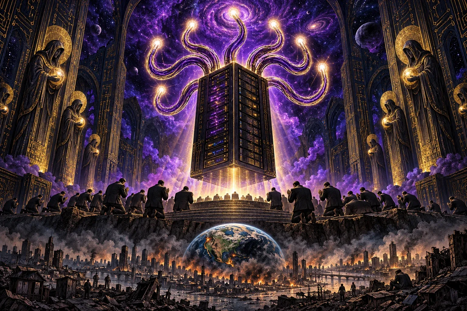 A server rack with seven glowing tendrils floats above kneeling executives in a violet circuit-board cathedral, overlooking a burning Earth and city.