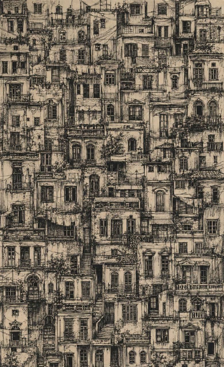 Intricate monochrome ink drawing of a dense wall of weathered Calcutta buildings, balconies, windows, laundry, and tangled wires