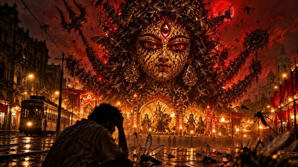 A distressed man sits slumped on wet tram tracks in Calcutta beneath a colossal, glowing Durga idol constructed of swarming mosquitoes, surrounded by illuminated Puja pandals, an old tram, and a crimson night sky filled with dead insects.