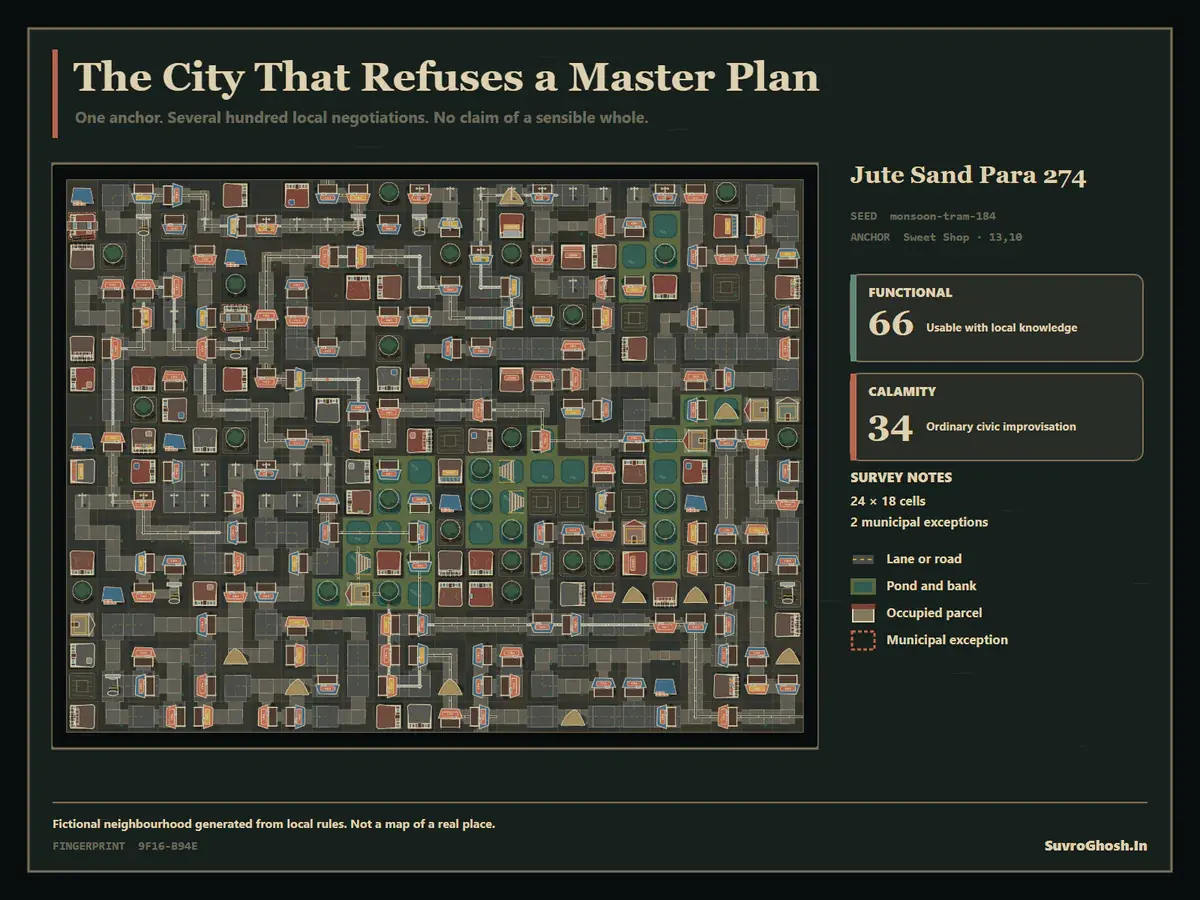 Illustrated fictional neighbourhood survey with lanes, ponds, trees, tram steel, ochre roofs, and a stamped municipal exception