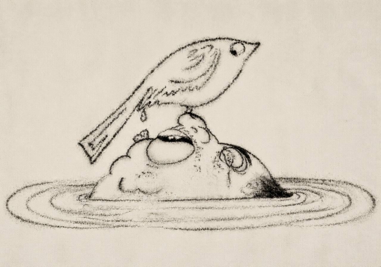 Monochrome charcoal drawing of a small bird perched on a submerged man's face, surrounded by concentric ripples
