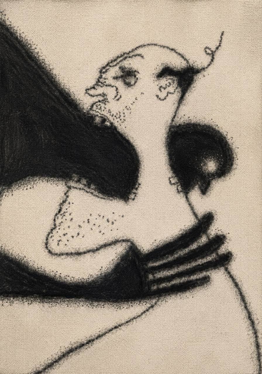 Monochrome charcoal drawing of a bald man being gripped around the neck by dark hands on textured cloth