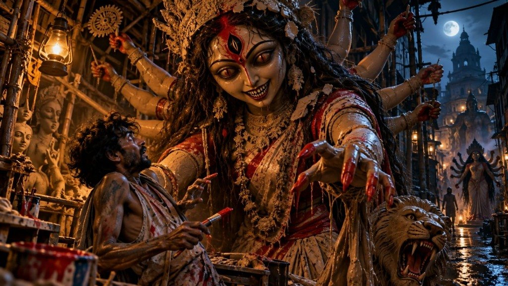 In a dark Kumartuli workshop, a terrified artisan cowers with a paintbrush before a towering, ten-armed clay Durga idol awakening with a sinister grin, multiple reaching arms, red-streaked hands, and an open third eye, flanked by a roaring clay lion under lantern light.
