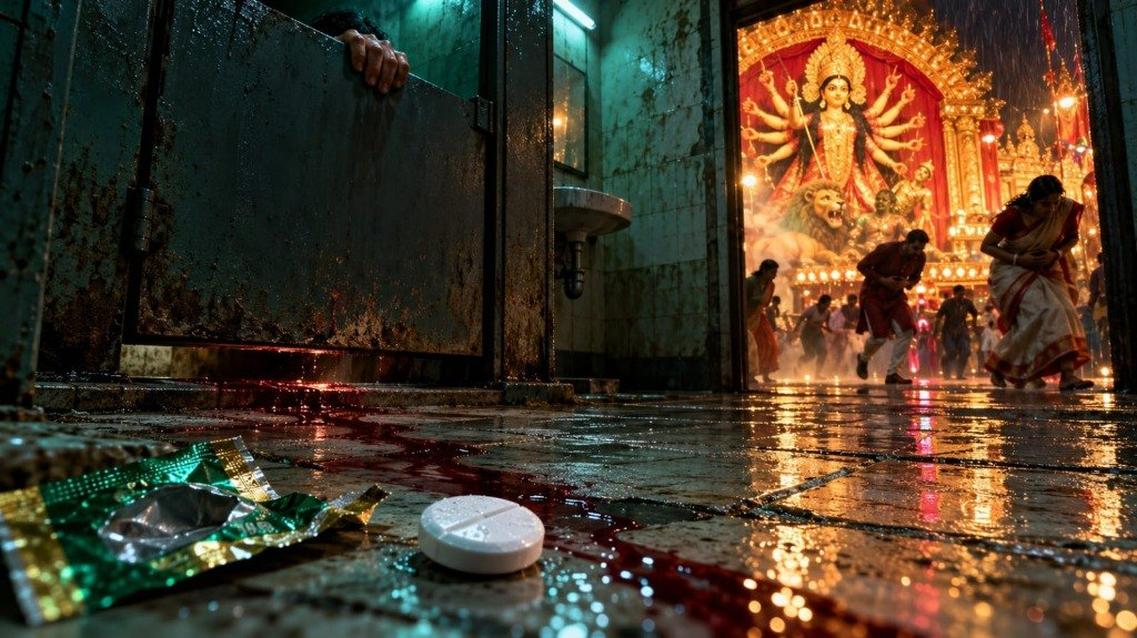 A torn green-and-gold blister pack and white tablet lie beside a trail of blood leaking from a toilet stall, while devotees clutch their stomachs before a glowing Durga Puja pandal in the rain.