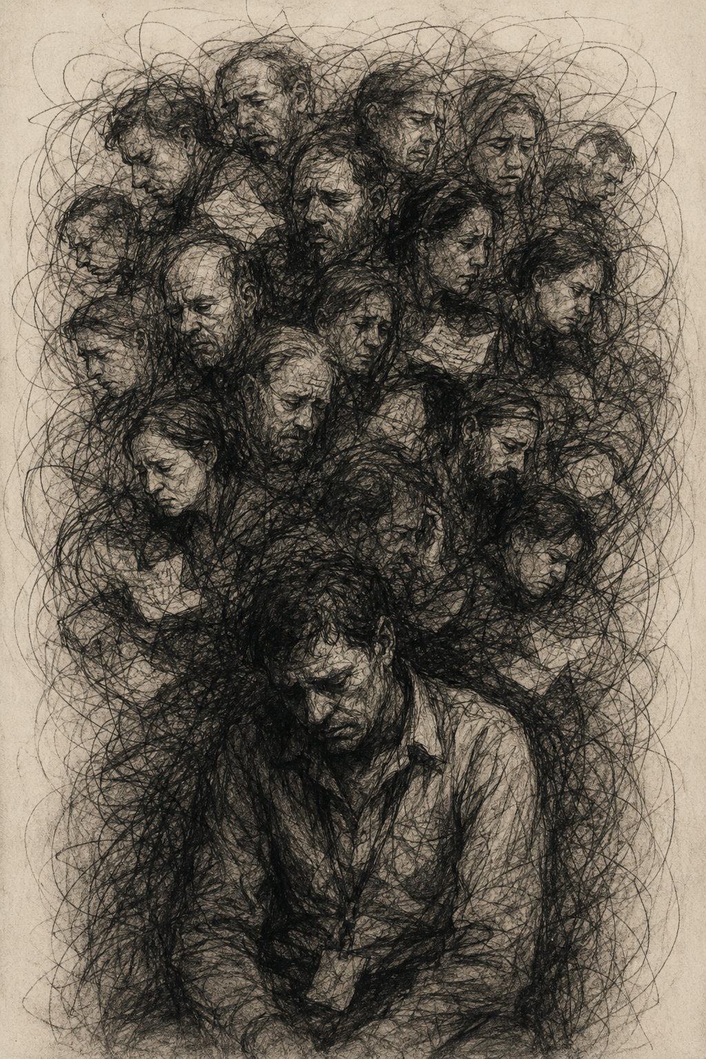 Intricate sepia-toned line drawing of many weary faces tangled in dark looping strokes above a seated man