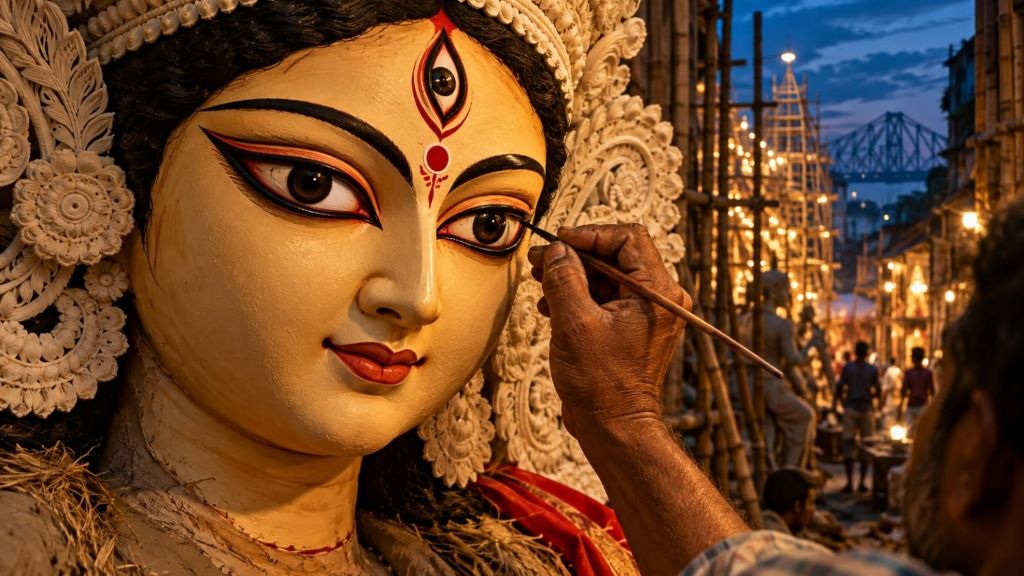 A Kumartuli artisan's hand paints the eye of an intricately crafted clay idol of Goddess Durga against a twilight backdrop of bamboo scaffolding, golden festival lights, and the Howrah Bridge.