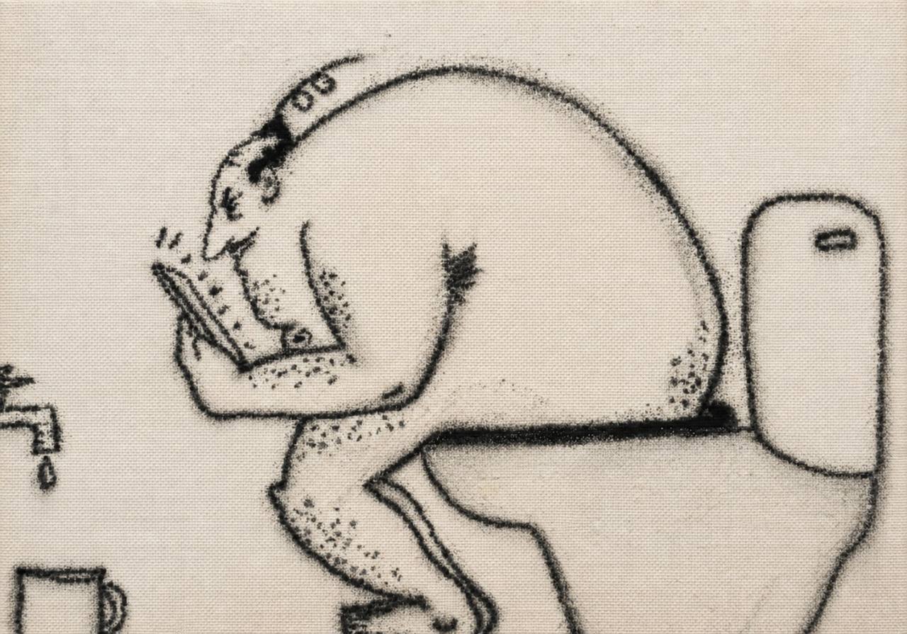 Black-and-white line drawing of a balding man hunched over a smartphone while seated on a toilet