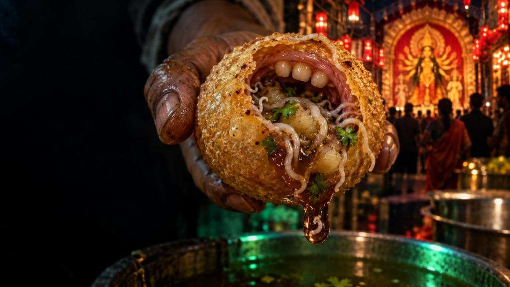 Close-up of a weathered, soil-stained hand holding a cracked fried fuchka shell over a steel pot of spiced water at night; inside the crisp shell, a fleshy pink human gum and four upper teeth arch over mashed potato, coriander, and wriggling white parasitic worms as a dark tamarind drop containing a curled worm hangs from the bottom, with a glowing red Durga Puja pandal and idol of Goddess Durga blurred in the background.