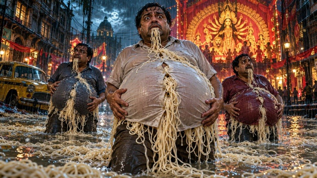 Three bloated men with noodles spilling from their mouths wade through flooded Calcutta streets before an illuminated Durga Puja pandal in the rain.