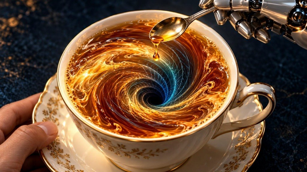 A robotic hand holds a golden spoon dripping liquid into a porcelain teacup containing a swirling fluid vortex and mathematical grid, held by a human hand.