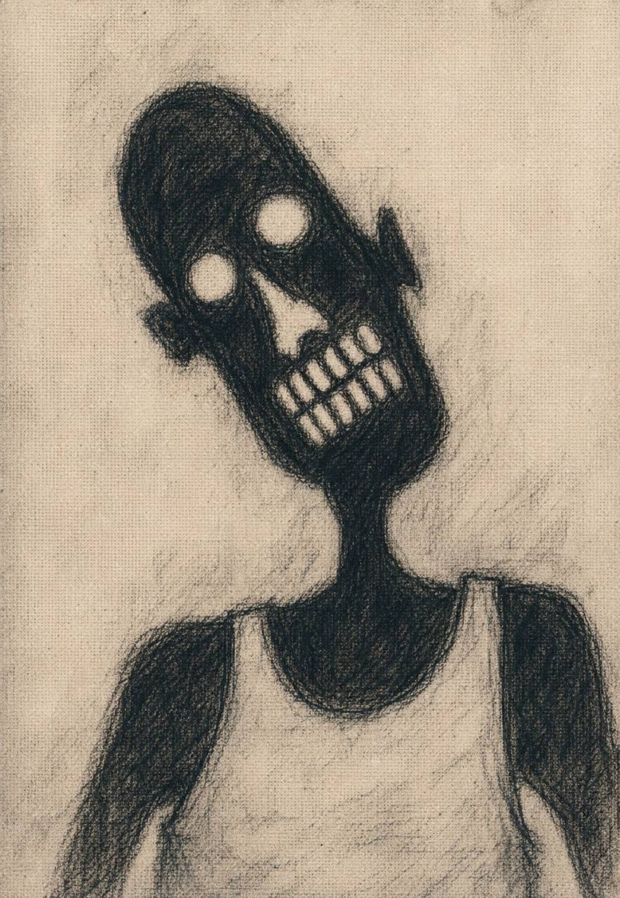 Monochrome charcoal drawing of an emaciated skull-headed figure in a white vest on woven canvas