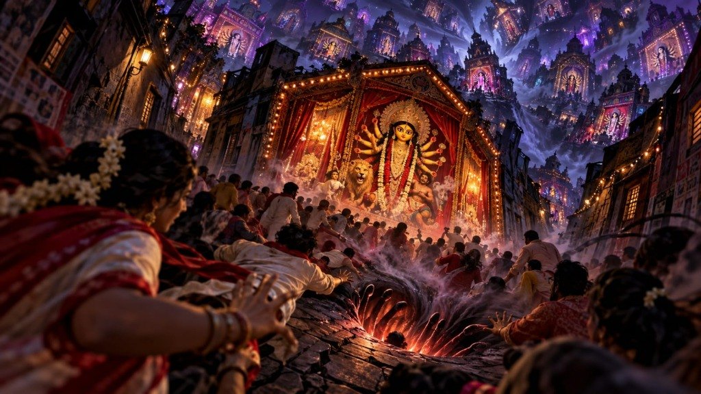 A crowd of devotees in a Calcutta alley reaching toward a dark glowing abyss opening in the street before an illuminated Durga Puja pandal, beneath a night sky filled with countless leaning pandals rising into the clouds.