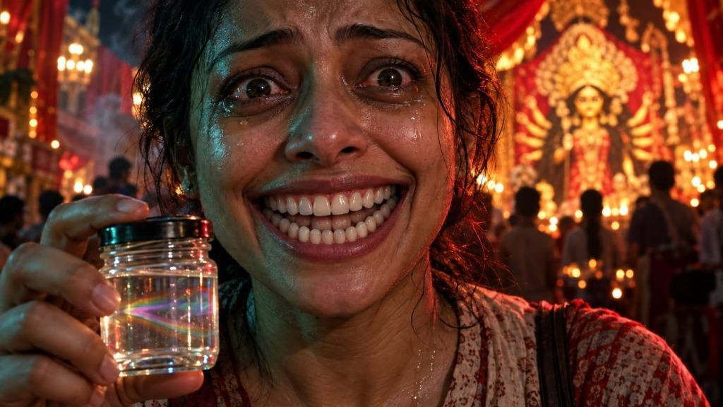 A tearful woman smiles with an unnatural double row of small white teeth in front of an illuminated Durga Puja pandal at night, holding up a small glass jar of water refracting rainbow light.