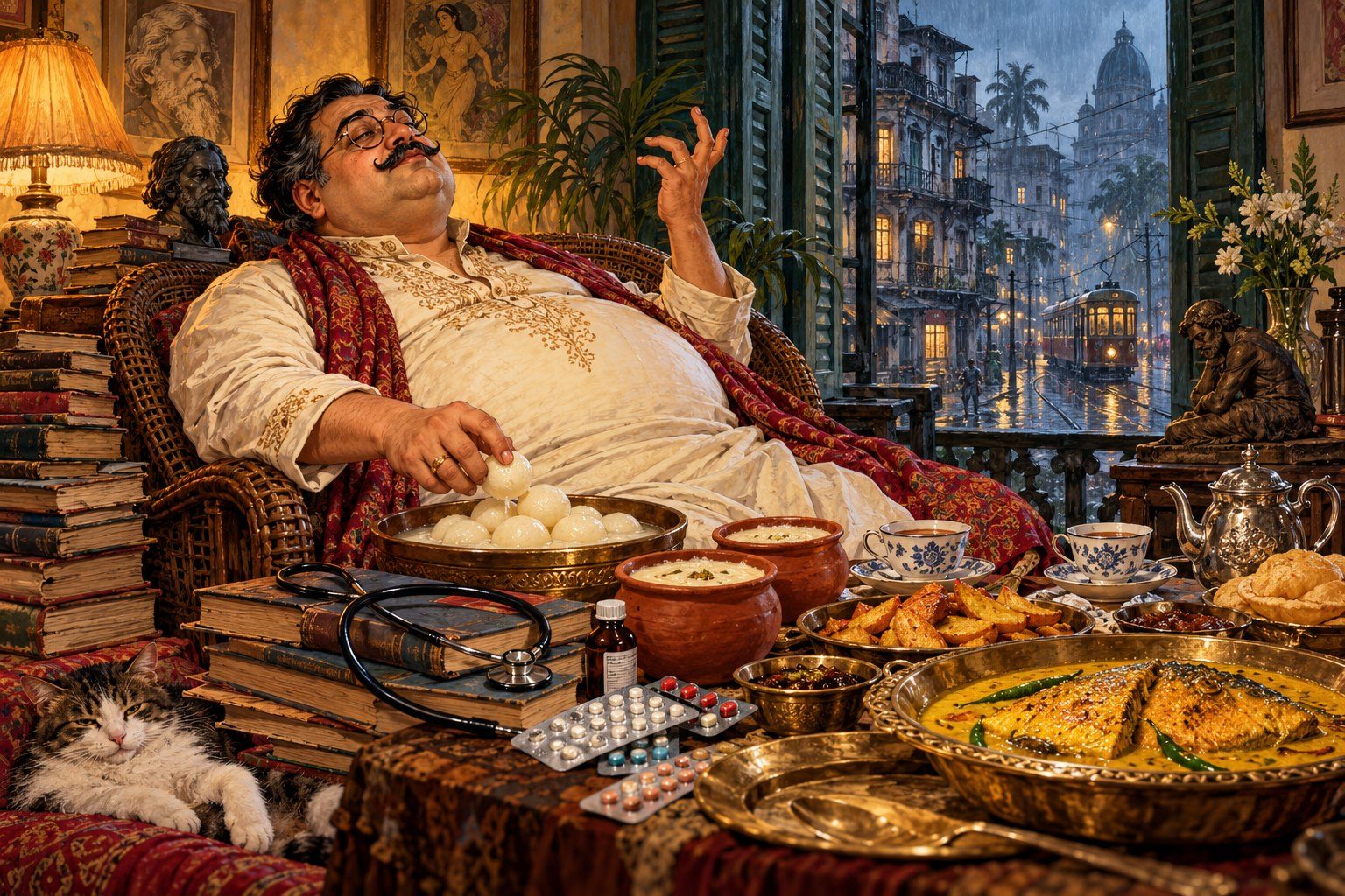 A self-satisfied Bengali bhadralok reclines beside sweets, mustard fish, books, a stethoscope and medicines, with a rain-soaked Calcutta tram outside.