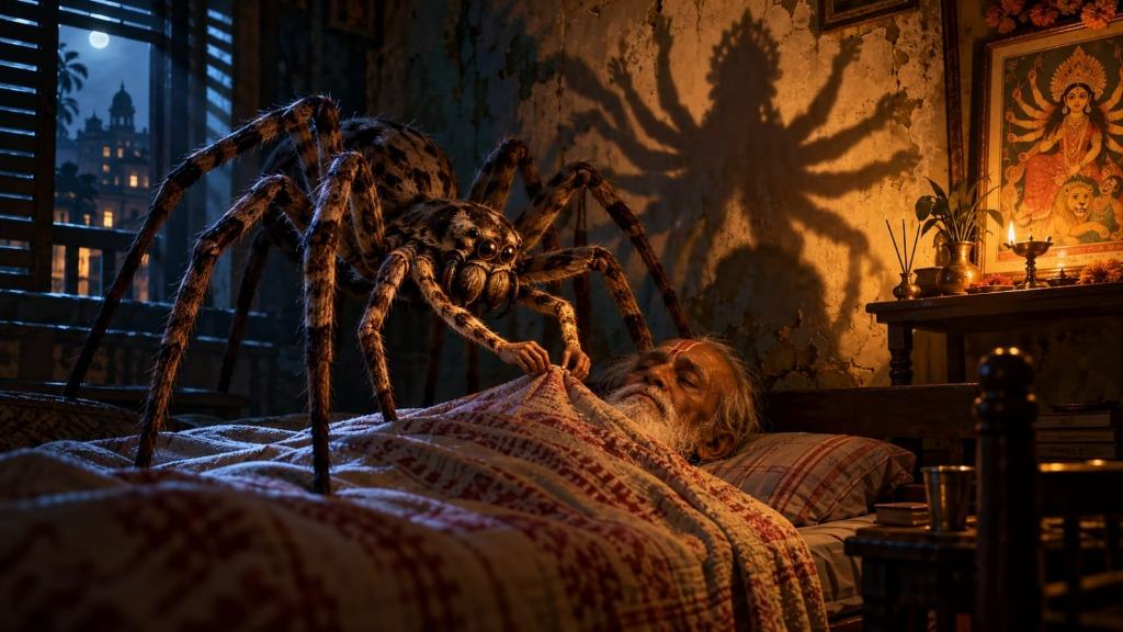 In a dim Calcutta room, an enormous huntsman spider with two delicate arms tucks a blanket under a sleeping elderly holy man, casting a ten-armed shadow of the goddess Durga on the wall.