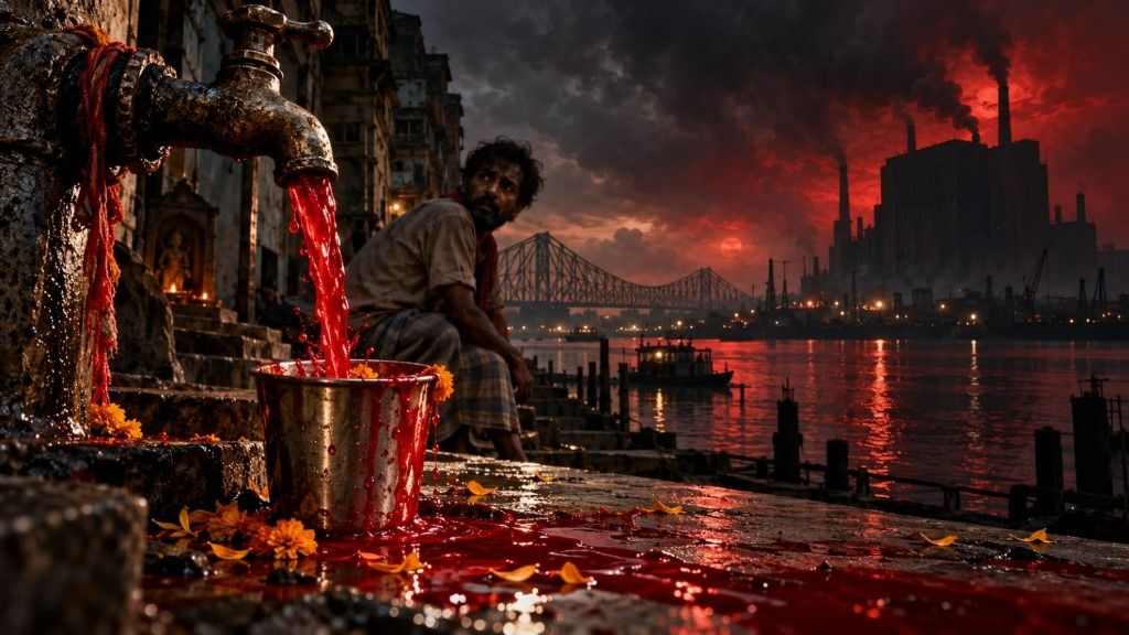 A man crouching on a Calcutta river ghat at dusk, watching arterial red water pour from a brass tap into a bucket, with the Howrah Bridge and an AI factory across the misty river