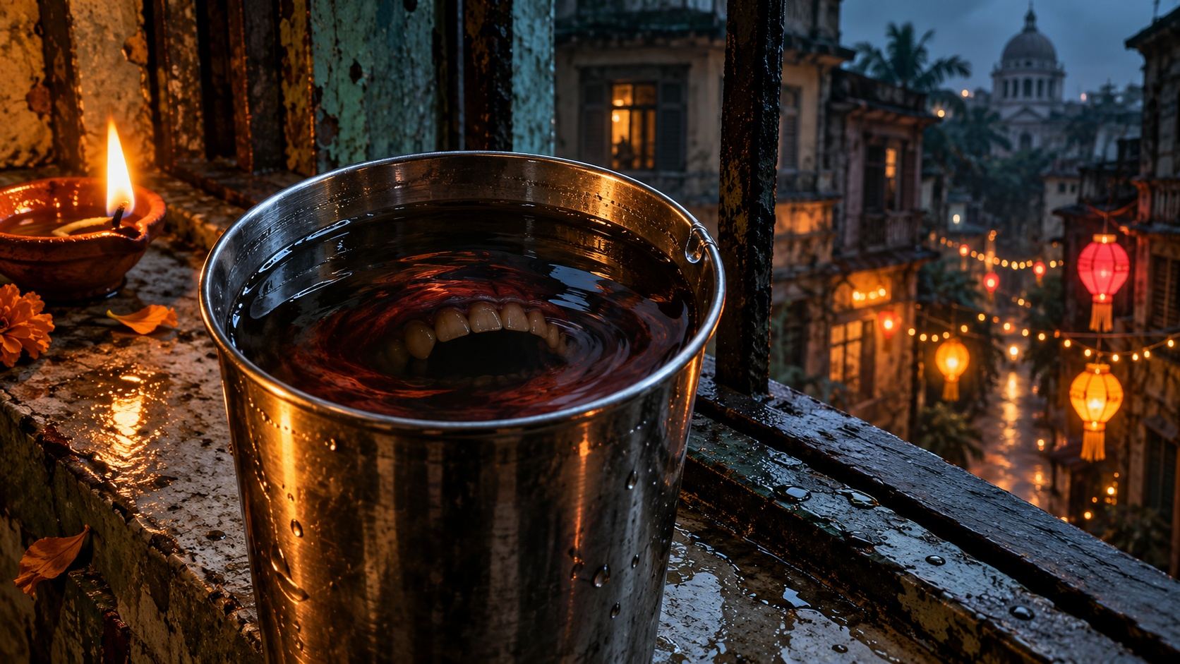 A steel cup of dark water contains a human mouth beneath the surface, beside a burning clay lamp overlooking a lantern-lit Calcutta lane.