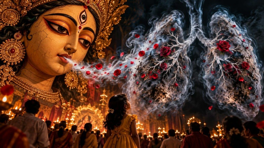 A cracked clay Durga idol exhales pale smoke and red rose petals that form a pair of darkened lungs above a girl in a yellow dress in a glowing Puja pandal.
