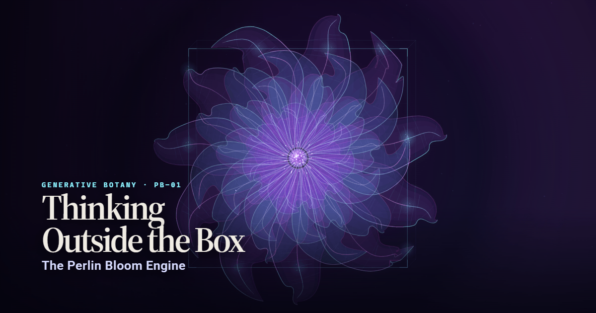 A luminous violet and cyan procedural flower forcing translucent petals through a glass square in deep space