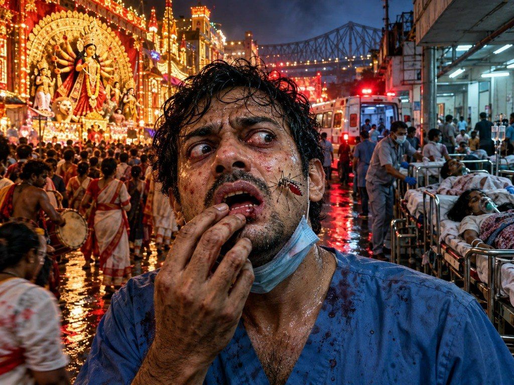 A distressed hospital technician in blue scrubs and a lowered mask touches his bleeding mouth as an engorged mosquito feeds on his cheek, between a crowded fever ward and a radiant Durga Puja celebration in Calcutta.
