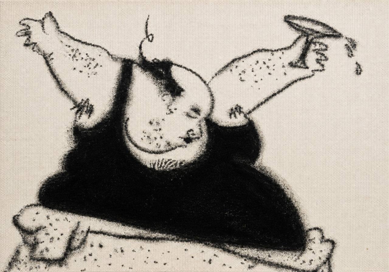 Monochrome illustration of a bald man in black leaning back with both arms raised, balancing a round disc above one hand