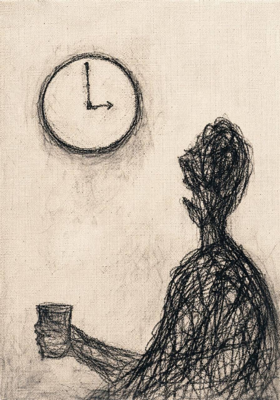 Monochrome charcoal drawing of a shadowed figure holding a cup beneath a wall clock on woven canvas