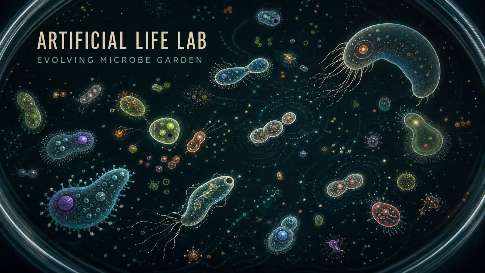 Original abstract microbes with translucent membranes moving through a dark petri dish beneath the words Artificial Life Lab and Evolving Microbe Garden