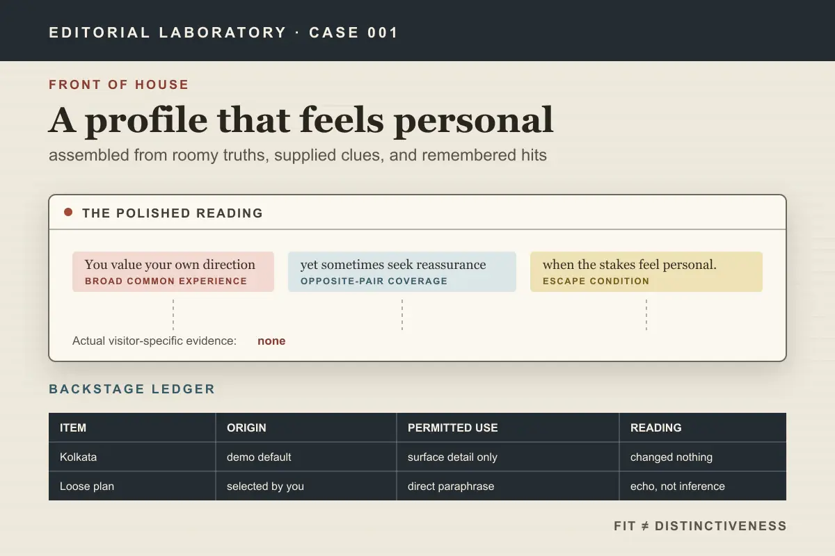 An editorial profile card separating into labelled sentence fragments above a backstage assumption ledger