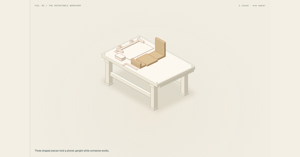 An isometric fitted workbench with cutting tools and three wooden phone-stand pieces arranged for assembly, illustrating one maker's repeatable process