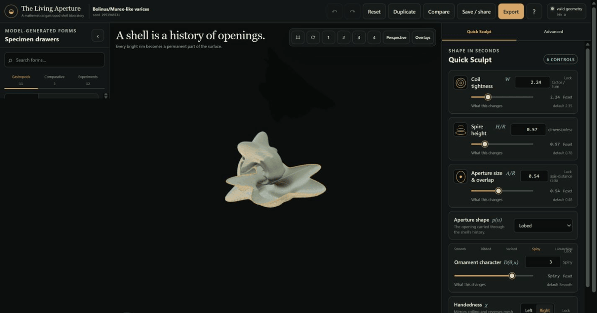 The Living Aperture laboratory showing a cream-coloured variced shell between specimen drawers, a Three.js viewport, and mathematical sculpting controls