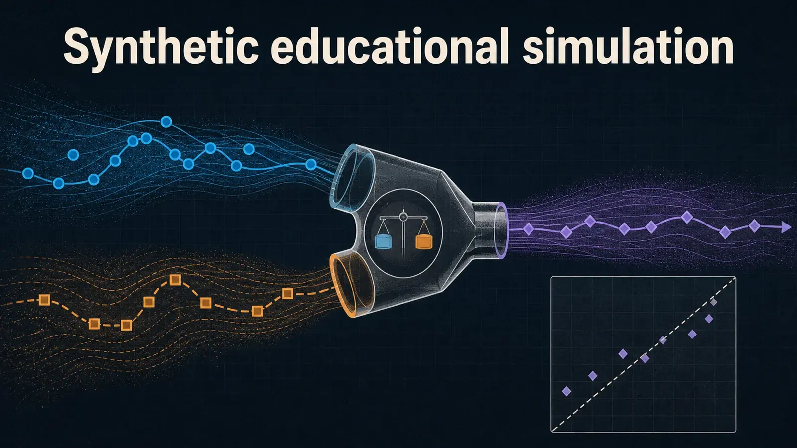 Graphic labelled Synthetic educational simulation, with a blue circle-marked probability stream and amber square-marked stream entering a weighted mixer, a violet diamond-marked ensemble leaving it, and a small reliability diagonal