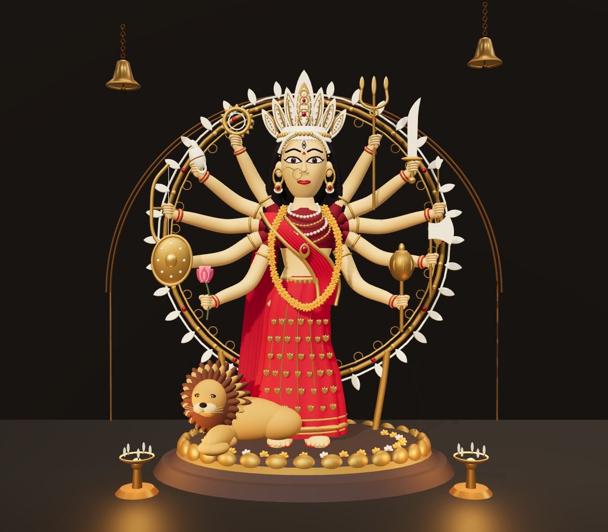 Durga in vermilion and gold, with a sculpted crown, ten arms, a lion and brass lamps.
