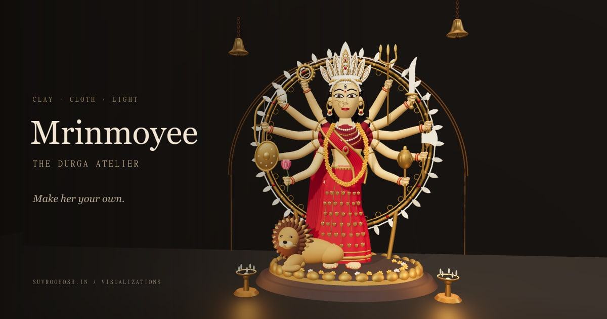 A ten-armed Durga sculpture in a vermilion sari, with an ivory-white crown, a lion and warm oil-lamp light