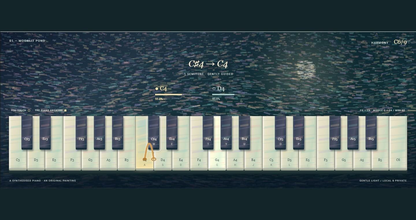 An impressionist piano floating over a moonlit pond, with a fan of nearby musical possibilities