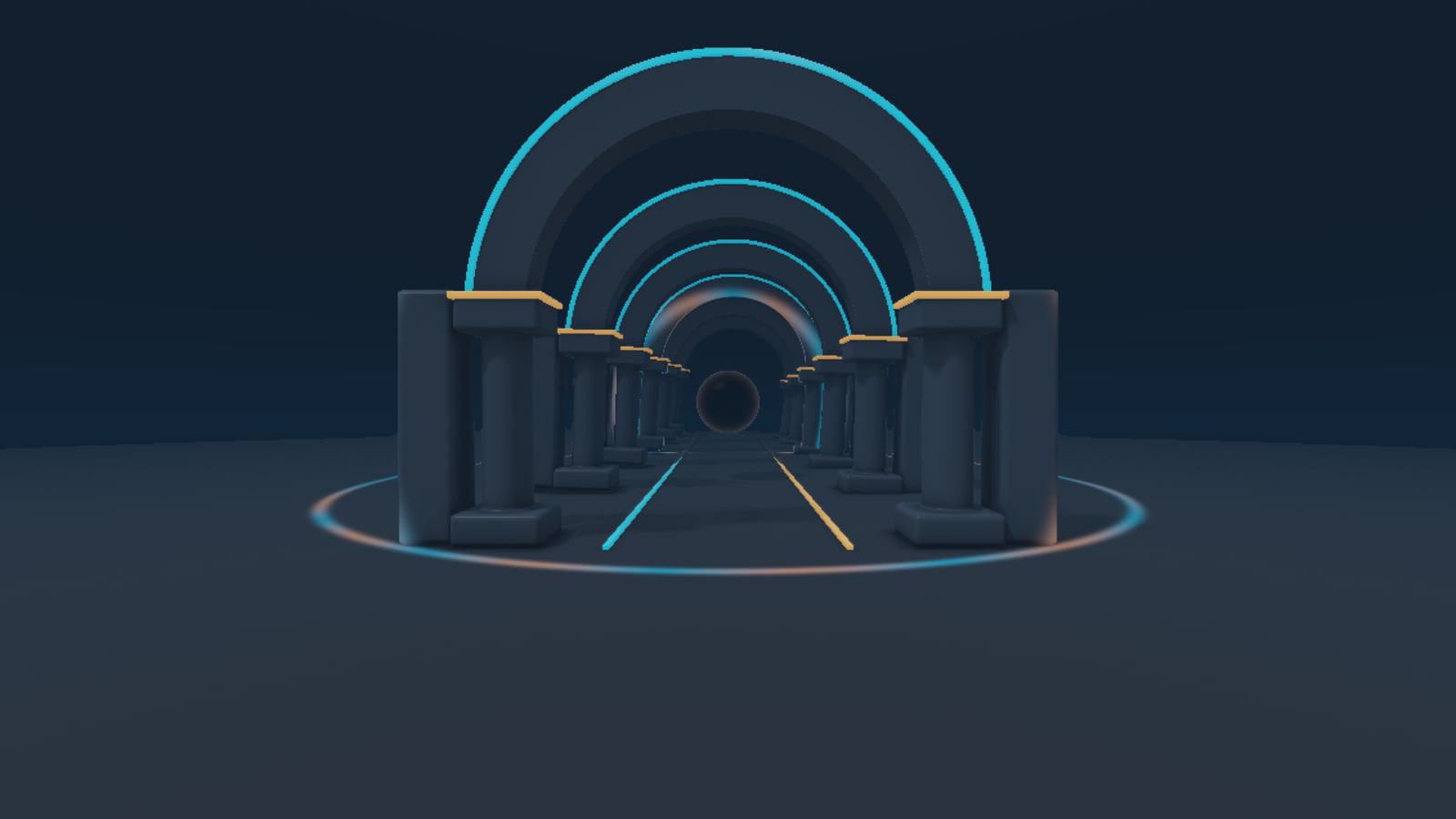 A symmetrical hall of dark arches recedes into blue fog around a floating black orb. A narrow cyan-and-gold ring expands from the orb and travels across the floor, columns, and archways.