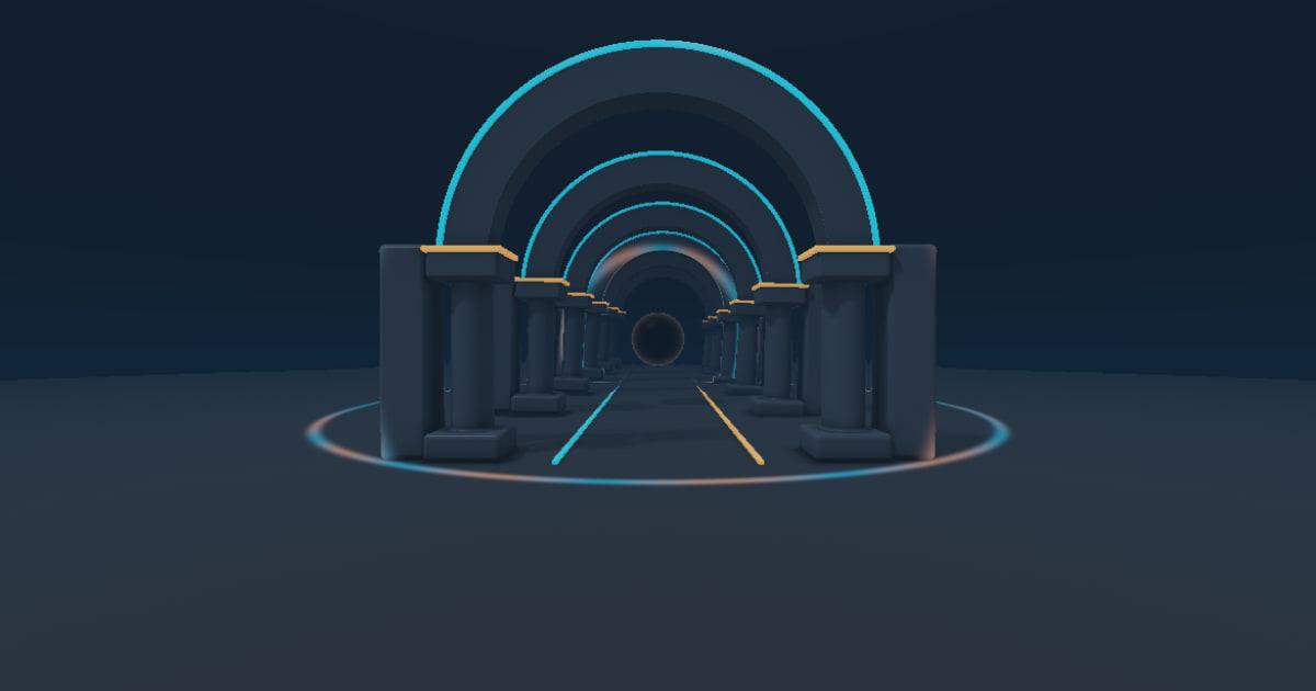 A symmetrical hall of dark arches recedes into blue fog around a floating black orb. A narrow cyan-and-gold ring expands from the orb and travels across the floor, columns, and archways.