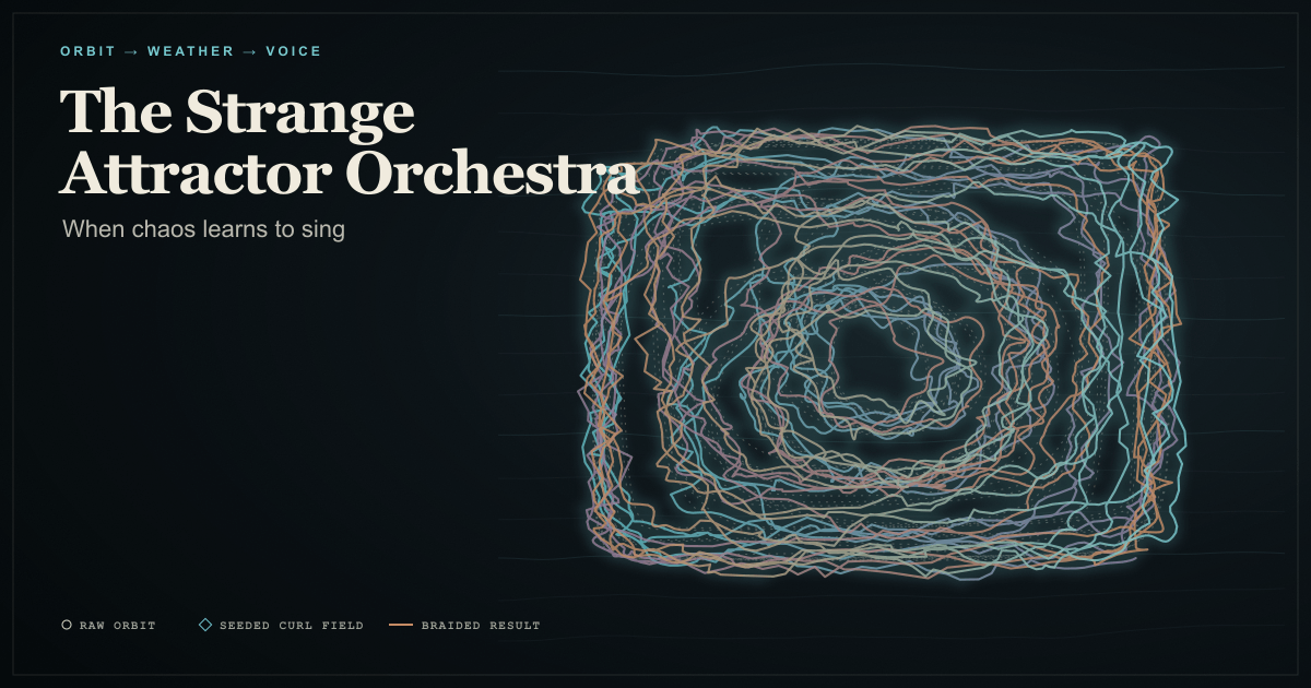 A copper and mineral-cyan Langford attractor braided through a restrained curl-noise field on charcoal, with its faint canonical orbit still visible