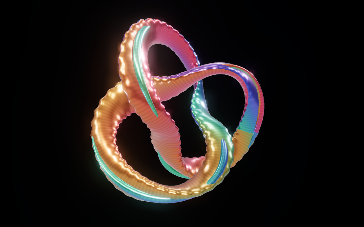 An iridescent folded sculpture suspended in the dark Strange Matter generative art studio